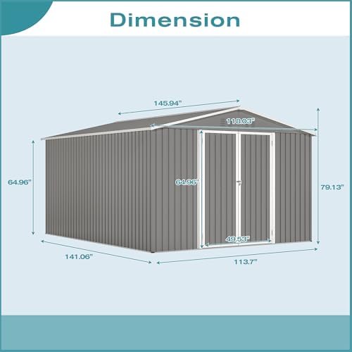YOPTO 10x12 FT Outdoor Storage Shed with Floor Frame Kit,Metal Shed W/Double Lockable Doors,Garden Tool Storage House W/ 4 Air Vents & Sloped Roof,for Backyard,Patio,Lawn,Gray - Image 3