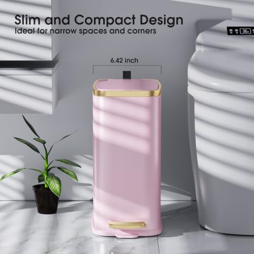CEROELDA Small Bathroom Trash Can with Lid-5L/1.3 Gal-Soft Close Lid-Pink - Image 2