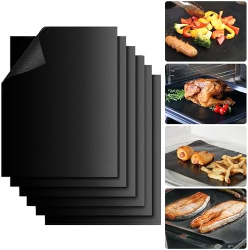 Reusable Grill Mats for Outdoor Grill Set of 6,Heavy Duty Non-Stick BBQ Mats & Oven Liner,Easy to Clean,Works on Gas, Charcoal & Electric Grills - 15.75 x 13 Inch,Black by HeavyDutyOvenLiners