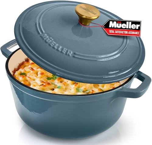 MUELLER HOME 7.5 Quart Enameled Cast Iron Pot Dutch Oven, Heavy-Duty, Oven-Safe up to 500° F & Across All Cooktops, Bread Pan with Lid & Knob, Cast Iron Cookware, Blue Kitchen Accessories,Mineral Blue by MUELLERHOME