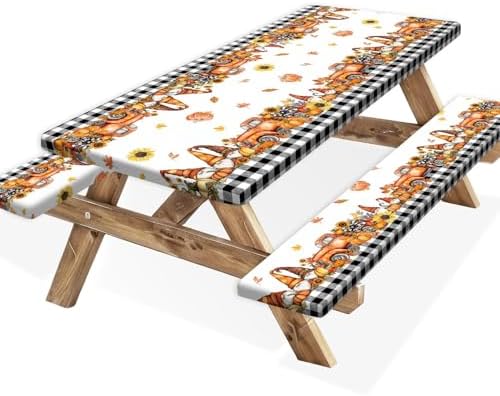 Fall Picnic Table Cover with Bench Covers, Camping Essentials, Buffalo Plaid Thanksgiving Pumpkin Waterproof Windproof, Fitted Tablecloth Cover with Elastic Edge, Indoor & Outdoor, 3 PCS, 30x96 Inch by Xguatan