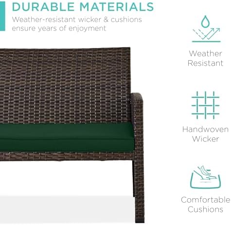 Best Choice Products 4-Piece Outdoor Wicker Patio Conversation Furniture Set for Backyard w/Coffee Table, Seat Cushions - Brown/Midnight Green - Image 3