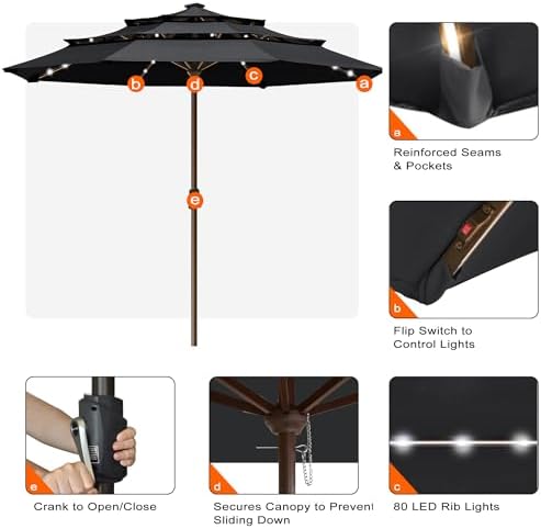 EliteShade USA 10-Year-Non-Fading 10ft 3-Tier Market Patio Umbrella, Commercial Table Umbrella with 80 Solar LED Lights, Crank Open, Windproof & UPF 50+ UV Protection for Garden, Deck, Pool, Backyard, No Tilt, Black - Image 5
