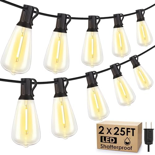 Larkvue 50FT(2x25FT) Outdoor String Lights, Patio Lights with 20+2 LED Dimmable Waterproof ST38 Vintage Bulbs for Backyard Bistro Cafe Deck, Black by Larkvue