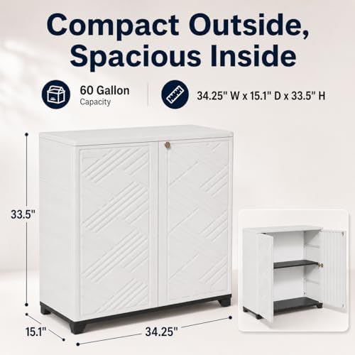 ADDOK Outdoor Storage Cabinet,60 Gallon Waterproof Resin Patio Storage Cabinet with 2 Adjustable Metal Shelf, Upright Outdoor Cabinet for Garden Tools, Pool Supplies, Toys, Porch and Garage - Image 2