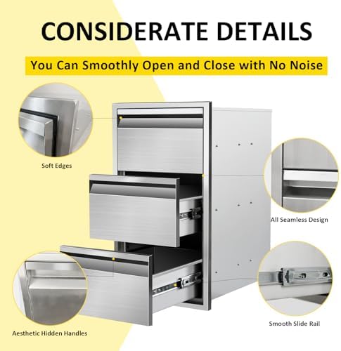 Outdoor Kitchen Drawers 14" W x 25.4"H x 21"D Triple BBQ Drawers Stainless Steel Built-in Drawer for Outdoor Kitchen Island, Patio Grill Station - Image 4