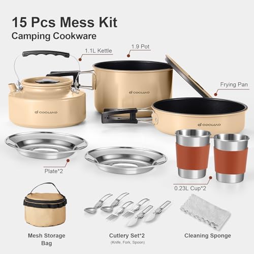 Odoland 19pcs Camping Cookware Mess Kit, Non-Stick Pot Pan Kettle Set for 2 - Image 2
