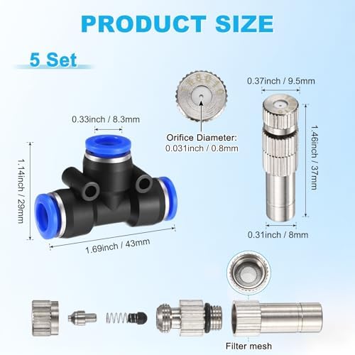 M METERXITY 5-Set Brass Misting Nozzles Tees Kit, 0.031"/0.8mm Orifice Mister Replacement Nozzles with Filter Mesh for Outdoor Cooling System/Greenhouse, Water Misting Nozzle Tees Kits - Image 3