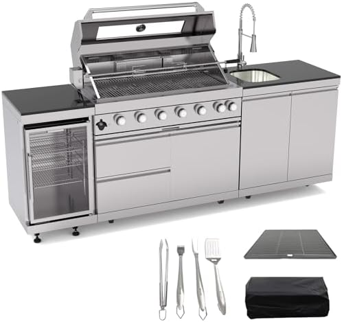 Outdoor Kitchen Island, 95.5 Inch 85000 BTU Propane Gas Grill Combination With Refrigerator and Sink, Outdoor Stainless Steel Barbecue Bar, 6 Burner Propane Grill for Patios, Gardens, Parties by Qeeka