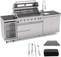 Outdoor Kitchen Island, 95.5 Inch 85000 BTU Propane Gas Grill Combination With Refrigerator and Sink, Outdoor Stainless Steel Barbecue Bar, 6 Burner Propane Grill for Patios, Gardens, Parties by Qeeka
