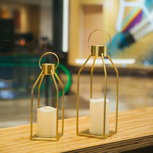HPC Decor Modern Farmhouse Lantern Decor- Gold Metal Candle Lanterns for Christmas- Lanterns Decorative w/Timer Flickering Candles for Living Room, Home, Indoor, Outdoor, Table,Fireplace Mantle Decor - Image 2