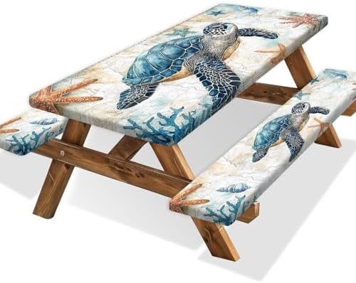 Picnic Table Cover with Bench Covers 6FT, Camping Essentials, Nautical Sea Turtle Ocean Windproof Waterproof Picnic Table Cloth, Fitted Tablecloth with Elastic Edge for Indoor Outdoor 3PCS 30x60 Inch by Xguatan