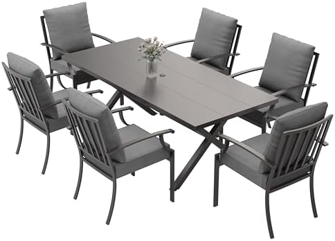 ALAULM 7-Piece Patio Dining Table and Chairs Outdoor Dining Set for 6 Patio Dining Sets with Rectangular Metal Table with Umbrella Hole for Patio, Backyard, Garden-Grey - Image 6