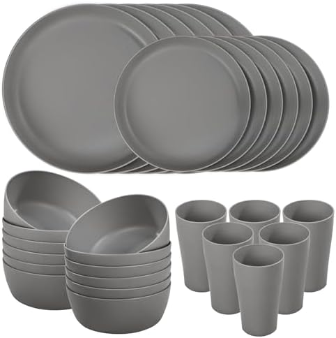 EjonirInjonir 24Pcs Unbreakable Dark Gray Wheat Straw Dinnerware Set for 6 by Ejonirinjonir