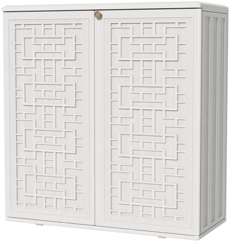 KINYING Outdoor Storage Cabinet Waterproof, Resin 62 Gallon Deck Box for Patio Furniture Cushions, Garden Tools, Pool Tools and Kids’ Toys (Off White with 1 Shelving) by KINYING