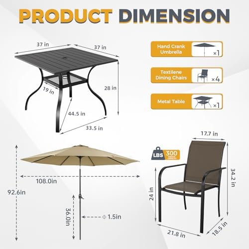 Incbruce 6-Piece Patio Furniture Set with Brown Umbrella, Patio Table and Chairs Set of 4 Textilene Chairs and Square Table with Umbrella Hole for Garden, Deck and Backyard (Brown) - Image 5