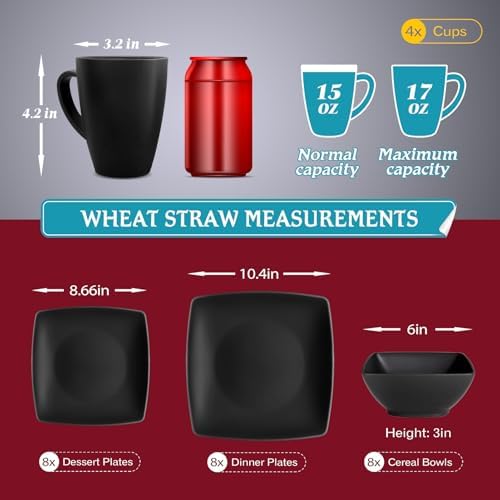 Teivio 16-piece Plastic Wheat Straw Square Dinnerware Set for 4, Unbreakable Dinner Plates, Salad Plates, Snack Bowls, Mugs, Dishwasher Safe, Black - Image 2