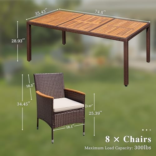 Devoko 9 PCS Acacia Wood Patio Dining Set, Brown Rattan - Image 6
