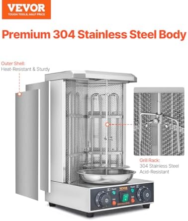 VEVOR Shawarma Grill Machine, 122°F-572°F, 13lbs Capacity, Chicken Shawarma Cooker Machine with 2 Burners, Stainless Steel, Electric Vertical Broiler Gyro Rotisserie Oven for Home and Commercial Use - Image 2