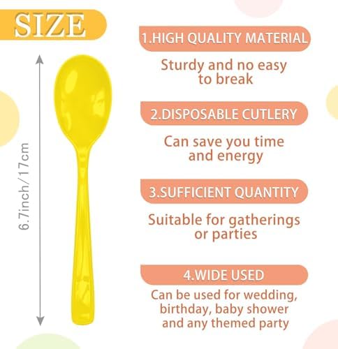 SietDESEO 50 PCS Yellow Plastic Spoons Disposable Utensils Heavy Duty Yellow Spoons Disposable Cutlery for Birthday Wedding Baby Shower Bridal Shower Plastic Silverware - Image 3