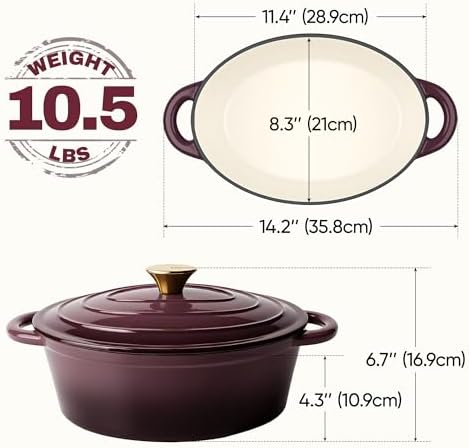 Oval Dutch Oven for Bread Baking, 4.5 Quart Non Stick Enameled Cast Iron Dutch Oven Pot with Lid, Oven Safe Oval Casserole with Lid up to 500°F for Baking, Braising, Stews, Roasting, Fig - Image 3