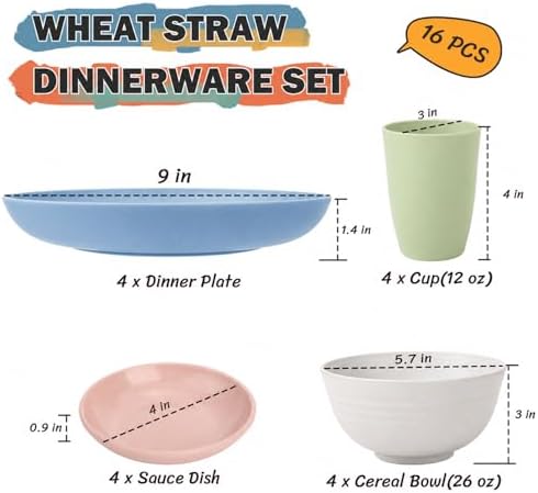 Wheat Straw Dinnerware Sets for 4, 16 Piece Unbreakable Kids Dinnerware Set, Toddler Plates and Bowls Sets, Kitchen Plates and Bowls Set, Lightweight Dish Set for Travel Camper Dishes - Colorful - Image 3