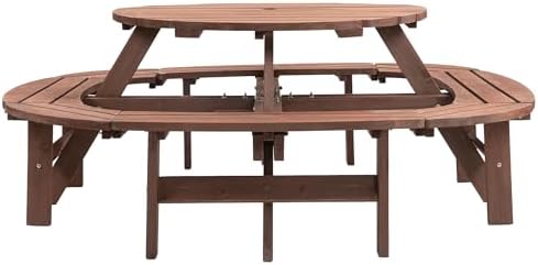 43.3'' Round Outdoor Dining Table Wooden Patio Dining Table & 1 Built-in Ring Stool for 10, 2" Umbrella Hole, Suitable for Backyard Garden Porch, Brown - Image 7