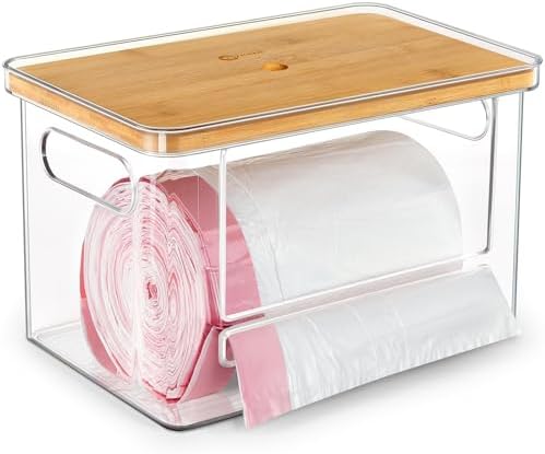 Stackable Trash Bag Dispenser with Wooden Top for Holding 13/30/33-Gallon Large Bag Sizes – Extra-Large Garbage Bag Holder with Anti-Slip Base, Trash Bag Dispenser Under Sink (11.5"x7.5"x7") by COZYCRAZE