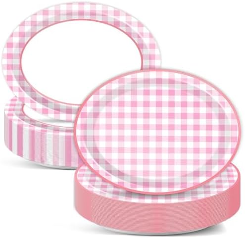 50 PCS Pink Plaid Oval Paper Plates Large 11” Disposable Pink and White Checkered Party Decorations Camp Oval Supplies Favor for BBQ Gathering Picnic Birthday Outdoor Girls Party Tableware Set by Qyeahkj