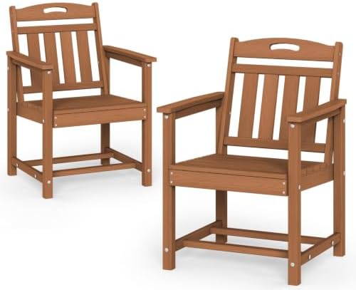 Set of 2 Weatherproof Patio Chairs - HDPE Outdoor Dining Chairs with Wide Seat, Ergonomic Design - for Garden, Backyard, Deck - Teak by Suunyn