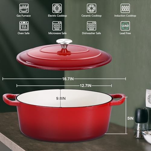 Leonyo 7-Quart Enameled Cast Iron Oval Dutch Oven Pot with Lid, Red - Image 2