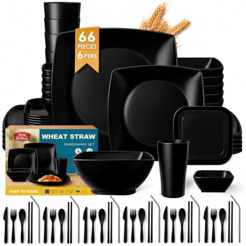 Teivio 66-piece Black Plates and Bowls Sets, Flatware Dinnerware sets for 6 by Teivio