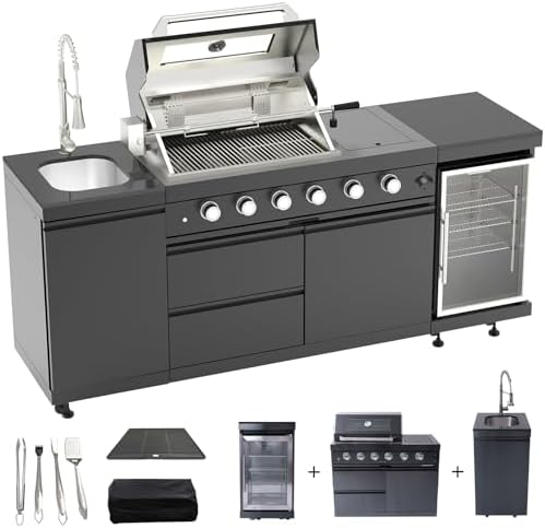 Outdoor Kitchen Island, 84.6 Inch 72000 BTU Gas Grill Combination With Refrigerator and Sink, Outdoor Stainless Steel Barbecue Bar, Natural Gas Barbecue Grill for Patios, Gardens, Parties by Qeeka