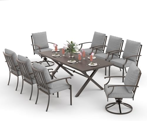 ALAULM 9-Piece Patio Dining Table and Chairs for 8 Outdoor Dining Set with 2 Swivel Chairs Patio Dining Sets with Rectangular Metal Table with Umbrella Hole for Patio, Backyard, Garden-Grey - Image 7