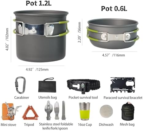 Camping Cookware Mess Kit, 16 pcs Backpacking Cooking Set, Lightweight Camping Pots and Stove Set for 1-2 Person, Outdoor Cooking Gear Ideal for Camping, Hiking, Backpacking and Picnic - Image 2