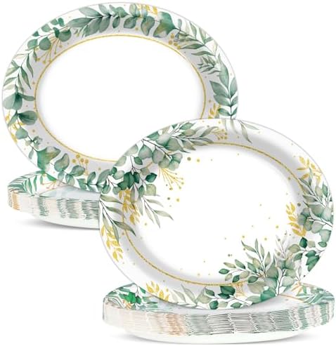 Qyeahkj 50 PCS Sage Green Oval Paper Plates Large 11” Disposable Eucalyptus Party Decorations Sage Green Supplies Favor for Holiday Bridal Shower Party Tableware Set by Qyeahkj