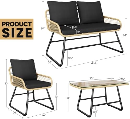Yaheetech 4 Piece Patio Furniture Set, Outdoor Wicker Conversation Sets, Boho Loveseat & 2 Armchairs with Cushion and Pillow, Glass Top Table for Backyard, Porch, Balcony, Deck - Tan/Black - Image 6