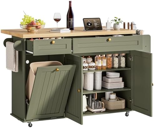 ONBRILL 60" Kitchen Island with Trash Can Storage, Rolling Island Table by ONBRILL
