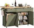 ONBRILL 60" Kitchen Island with Trash Can Storage, Rolling Island Table by ONBRILL