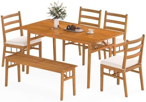 Tangkula 6 Pieces Patio Acacia Wood Dining Set, Outdoor Rectangular Table with 1.97” Umbrella Hole, Bench and Cushioned Chairs for 6, for Deck, Yard and Poolside by TANGKULA