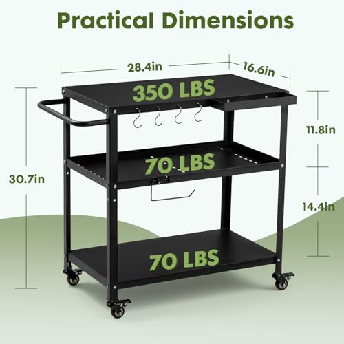Outdoor Grill Cart Table, Pizza Oven Stand with Casters, Black - Image 6