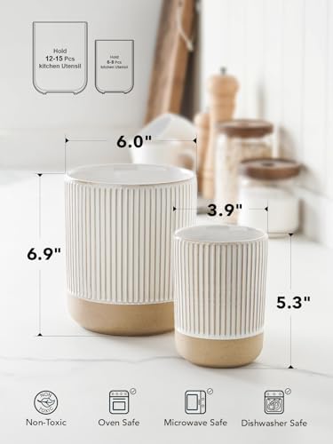 LE TAUCI Ceramic Kitchen Utensil Holder Set of 2 - 6.9"+5.3" Large Cooking Utensil Crock & Organizer for Spatula, Spoon, Whisk - Farmhouse Countertop Storage, Cream Beige, Line - Image 3