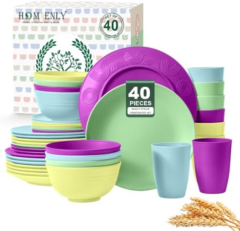 Homienly 40-Piece Kichen Dinnerware Set, Wheat Straw Dinnerware Set, Plates, Bowls, Drinking Cups, Service for 8, Dishwasher & Microwave Safe Dish Set, Unbreakable Plates and Bowls Set - Memphis by HOMIENLY