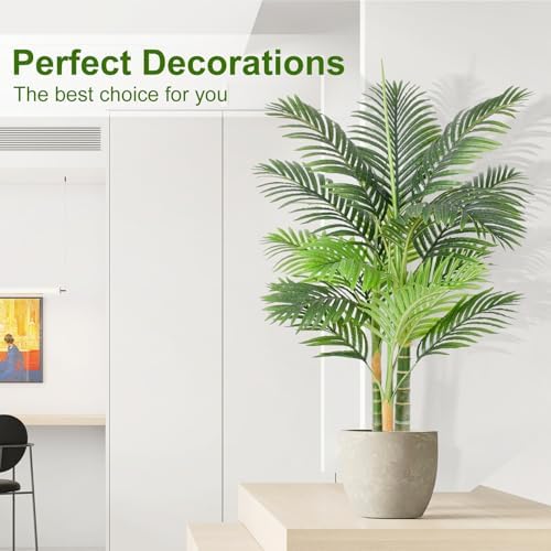 4ft Tall Triple Golden Cane Palm Artificial Tree 48" Large Tropical Palm Tree UV Resistant Fake Tree in Pot for Indoor Outdoor Big House Living Room Outside Patio Office Home Decor 2Pack - Image 5