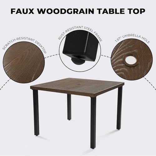 Grand patio 5-Piece Outdoor Dining Set for 4, Metal Woven Wicker Fixed Patio Chairs with Thickened Cushions & 1 Square Woodgrain Dining Table with Umbrella Hole for Backyard Deck (Natural) - Image 6