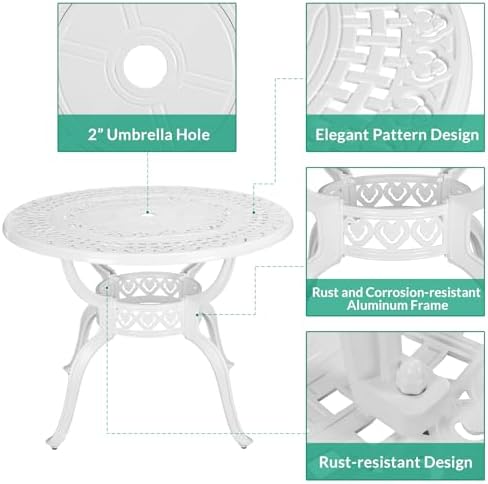 VIVIJASON 5-Piece Outdoor Patio Dining Set, All-Weather Cast Aluminum Conversation Set, Patio White Furniture Set, Include 2 Swivel Dining Chairs, 2 Stationary Chairs, 1 Round Table w/Umbrella Hole - Image 2