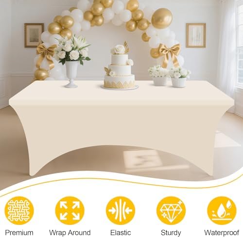 Smiry 2 Pack Spandex Table Cloth 6FT, Elastic Fitted Beige Tablecloth - Image 3