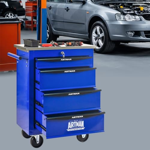 4-Drawer Heavy-Duty Rolling Tool Chest with Wheels & Steel Roof, Lockable Tool Chest Storage Cabinet for Garage, Workshop, Warehouse, and Repair Shop - Image 2