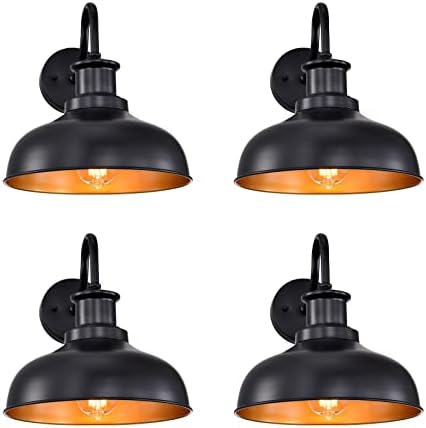 Outdoor Barn Lights, Farmhouse Outdoor Wall Sconces, Rustic Exterior Wall Mount Lights, Vintage Outside Lighting Fixtures, Industrial Black Gold Lanterns for Porch Garage Patio, 4 Pack by Diyel