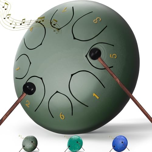 Rain Drum for Outside Garden, 6 Inches 8 Notes Steel Tongue Chakra Drums, Waterproof Meditation Rain Chime, Musical Instruments for Adult Gift with Bag, Music Book, Drum Mallets (Green) by INNOWARMER